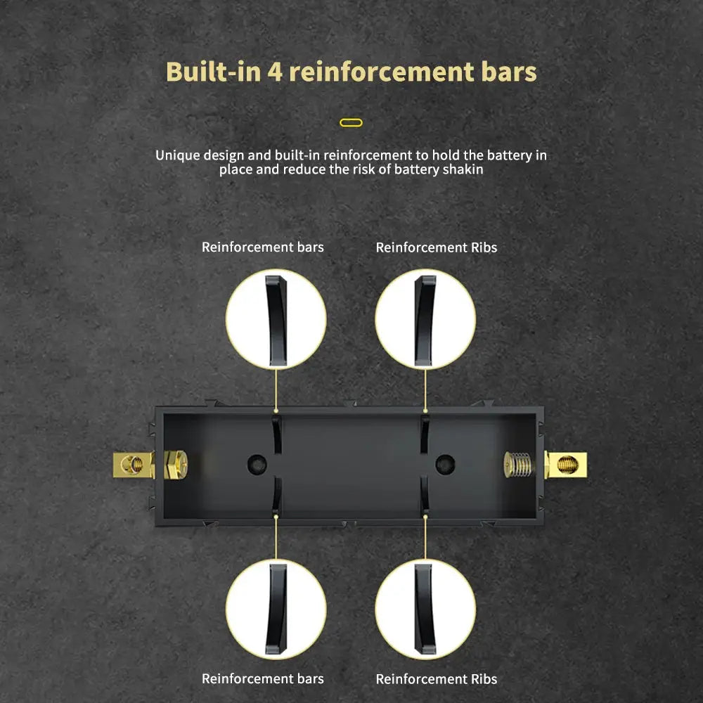 Simples Market 21700/18650 battery holder, solder-free lithium storage box, black with brass end terminals.