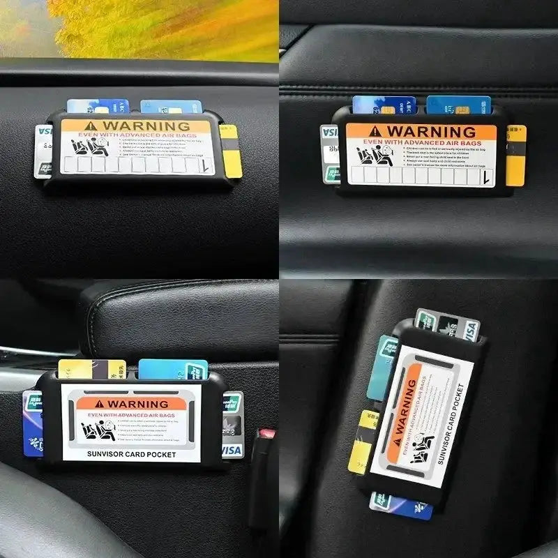 Car card clip sun visor organizer from Simples Market, black plastic with orange warning label and card pockets