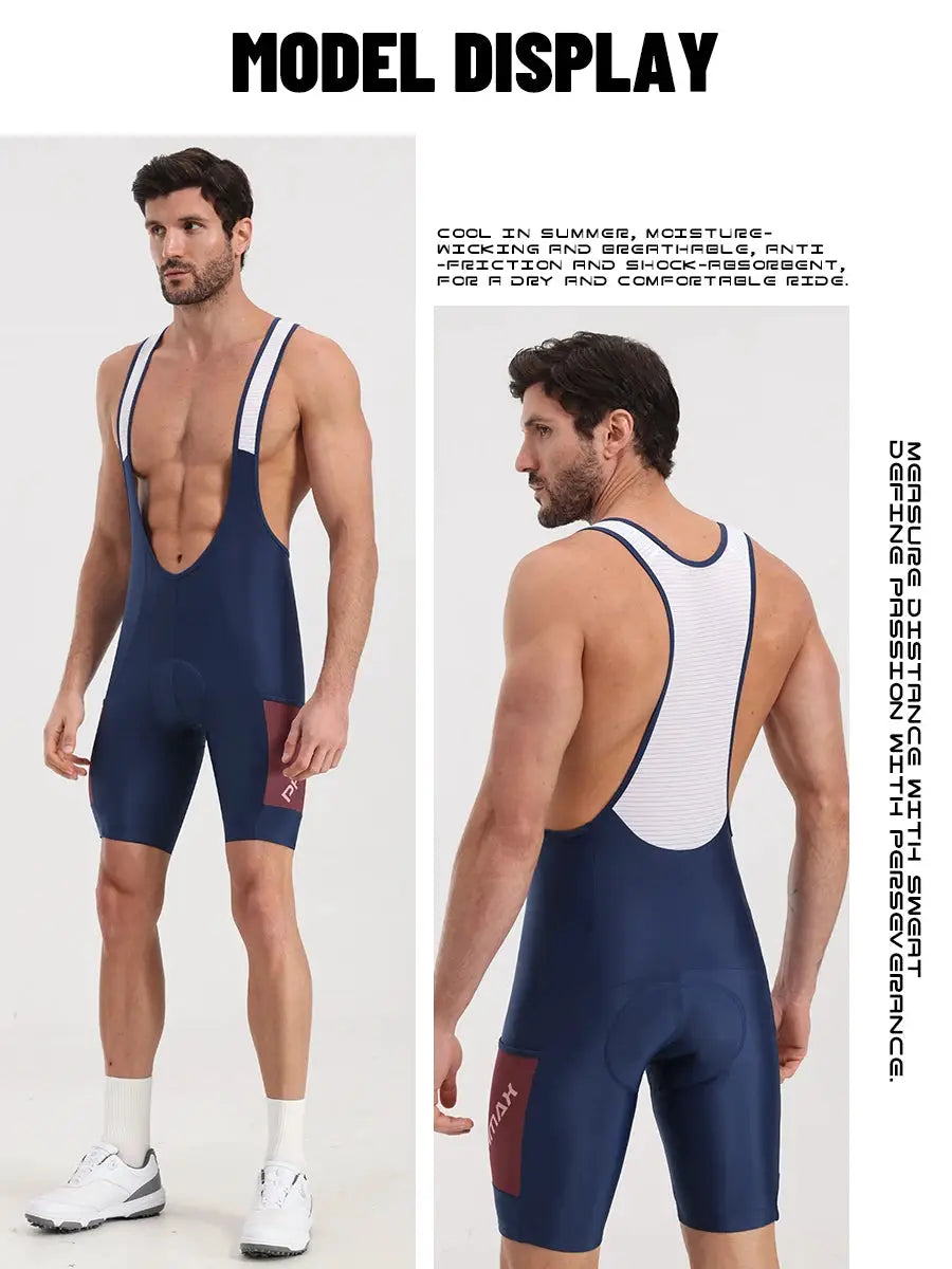 PHMAX men's cycling bib shorts in navy with white striped straps and silicone padded comfort.
