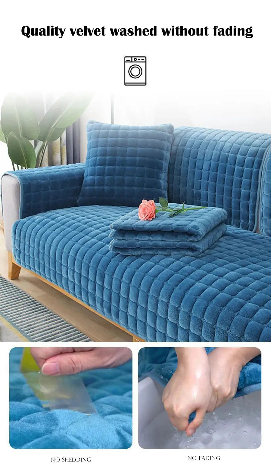 Blue velvet quilted sofa cover set with plush cushions, non-slip thickened fabric by Simples Market