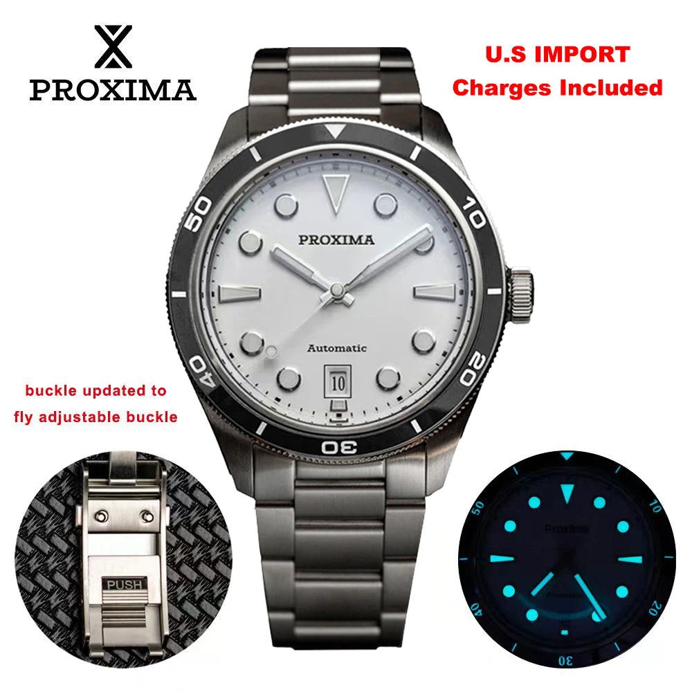 Proxima PX1697 39mm stainless steel men's watch with white enamel dial, black bezel, date window, and luminous markers