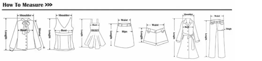 Sexy women's shorts and pants size guide illustration showing garment measurement diagrams.