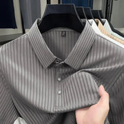 Simples Market men's striped polo shirt on hanger, grey vertical stripes, breathable short-sleeve collar polo.