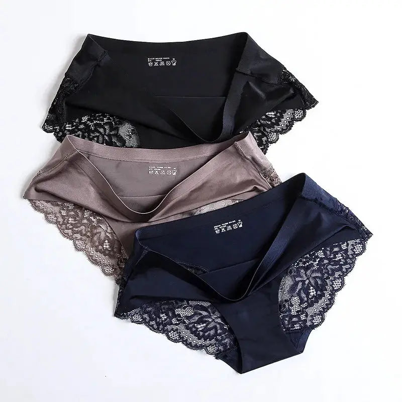 Simples Market TrowBridge 3-piece women's lace satin panties set in black, taupe, and navy.