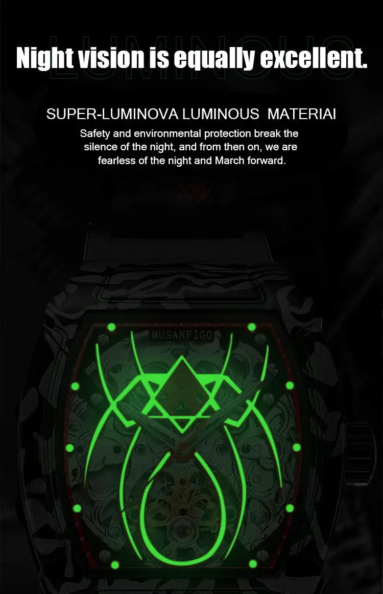 MUSANFIGO automatic hollow mechanical watch; barrel-shaped with luminous green skeleton dial