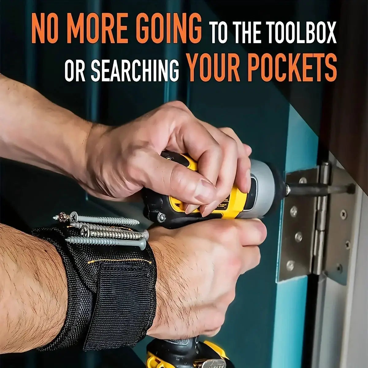 Magnetic tool wristband with nails and screws on a black strap