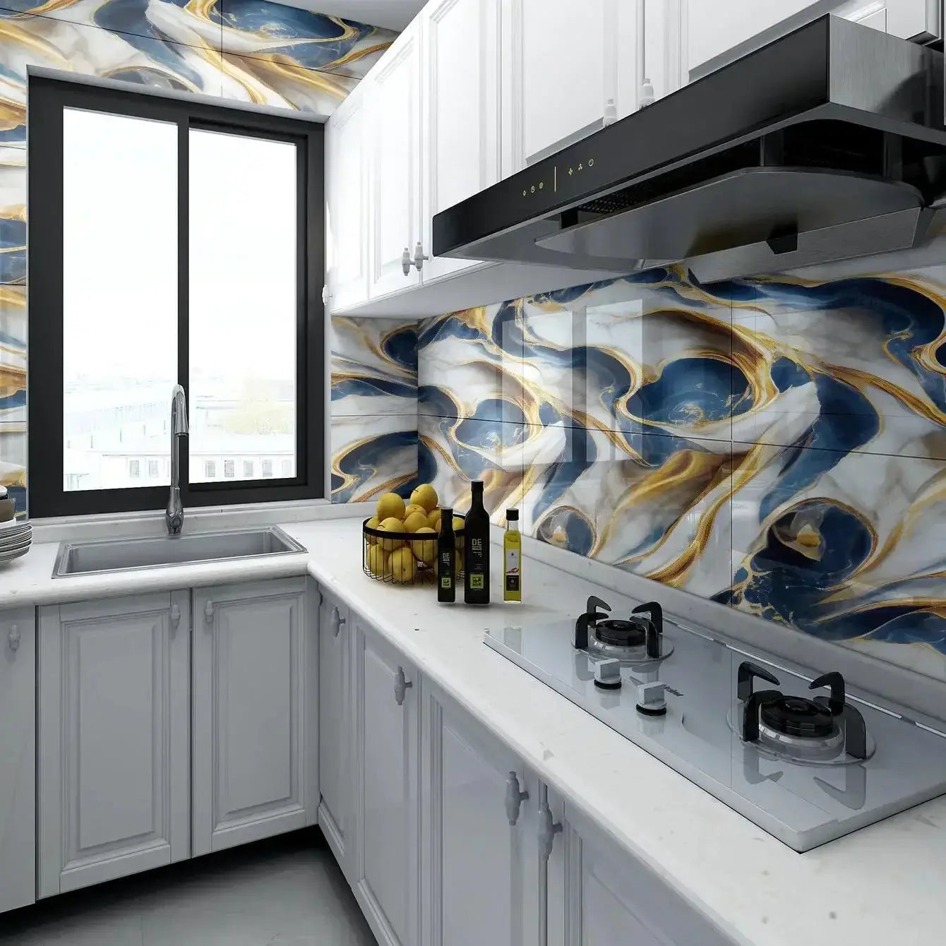 Simples Market self-adhesive imitation marble 3D ceramic tile wallpaper for kitchen backsplash in blue-gold swirls