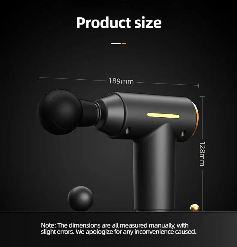 Simples Market portable mini massage gun; compact black handheld massager with gold accent