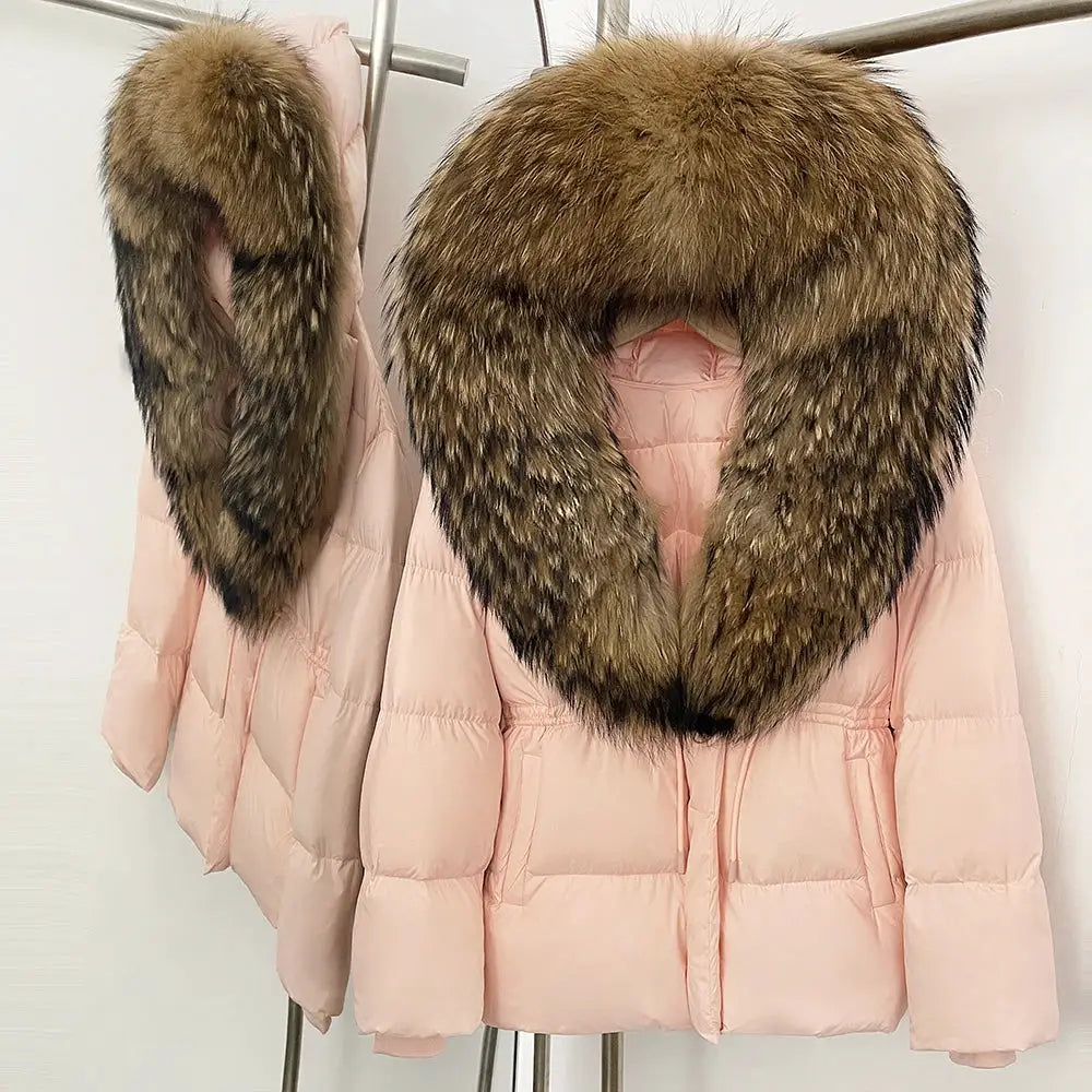 Womens Real Fox Fur Collar Duck Down Coat With Raccoon Fur Trim Hooded Puffer Jacket