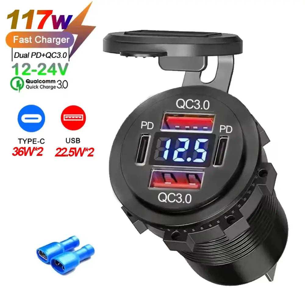 117W Dual PD USB Car Charger With Dual QC 3.0 Ports Voltmeter Waterproof 12V 24V Power Outlet For Car Boat