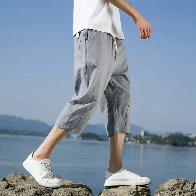 Summer casual cotton shorts for men, light gray, straight-leg with drawstring waist