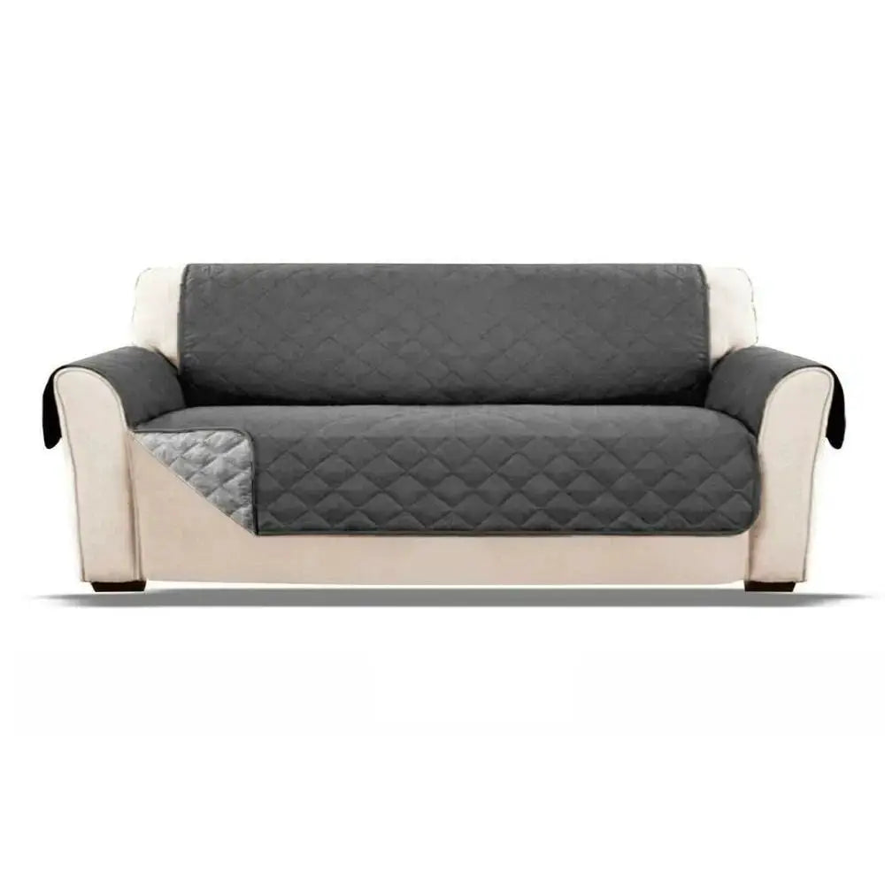 Waterproof quilted sofa cover for 2–3 seater, gray with beige armrest panels