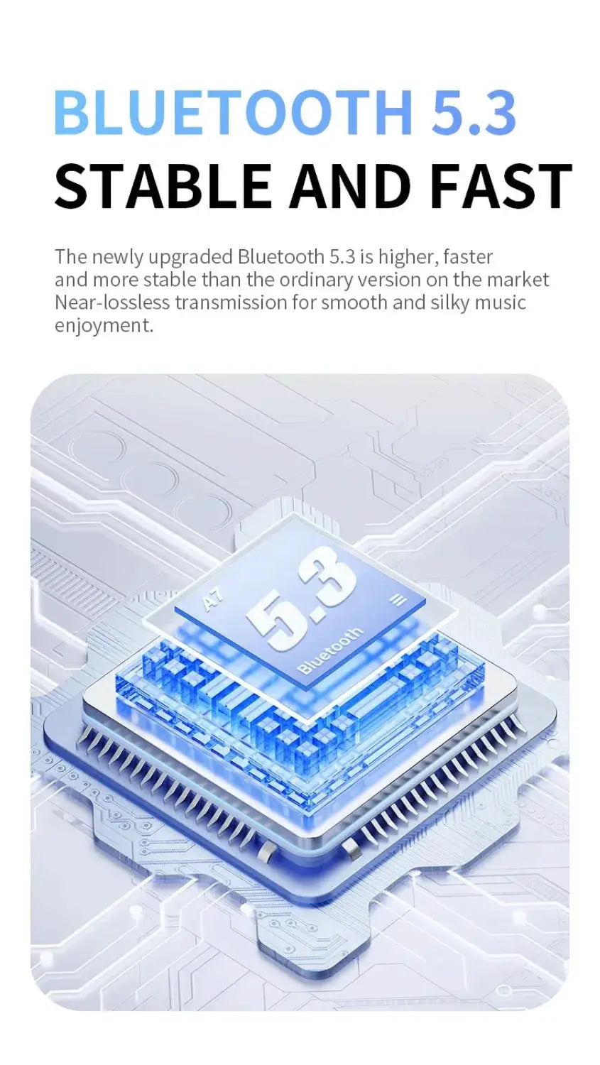 Air Pro wireless Bluetooth earphones by Simples Market — Bluetooth 5.3 tech infographic with a circuit chip
