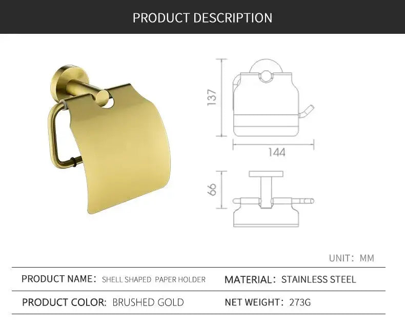 Shell-shaped paper holder in brushed gold stainless steel for wall mounting