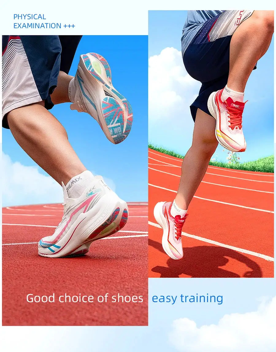 ONEMIX men's marathon carbon-plate running shoes, white with pink/blue accents, two shown on track