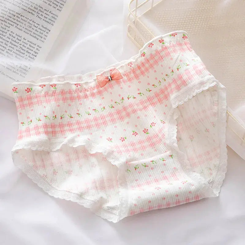 Women’s mid-waist panties in pink floral pure cotton with lace trim and bow