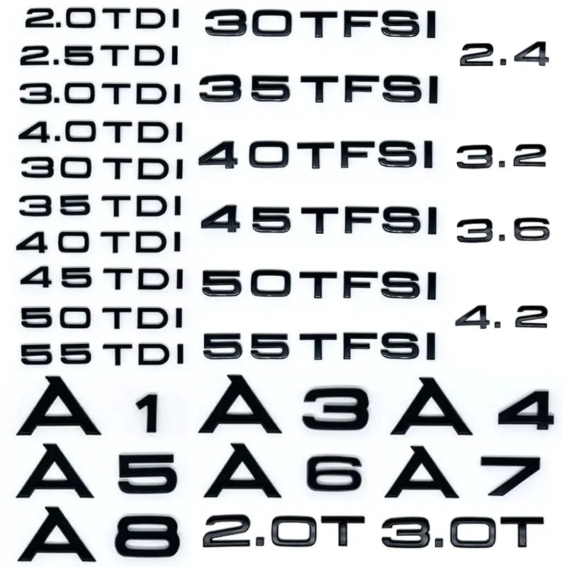 3D ABS car trunk sticker set in black by Simples Market for Audi A1–Q7 TDI/TFSI badges