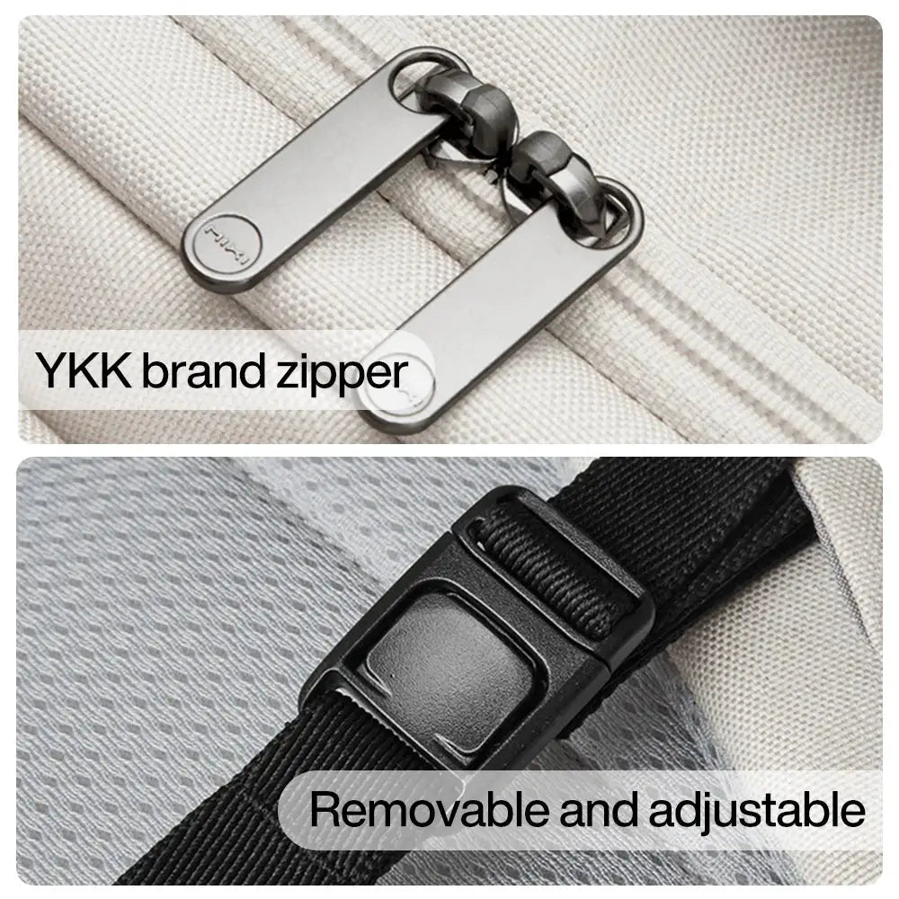 Mixi outdoor backpack; beige fabric with YKK zipper, removable adjustable strap.