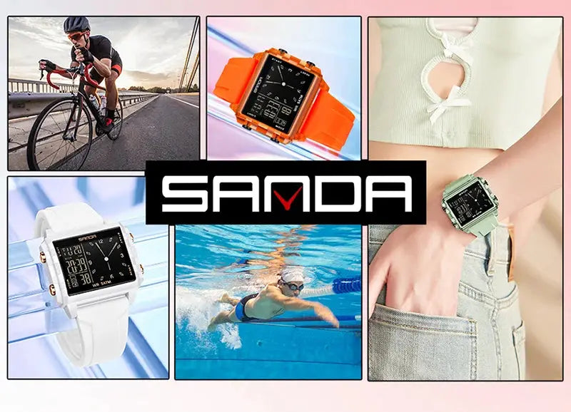 SANDA 6273 square dual-time wristwatch for men and women; waterproof digital-analog, white/orange/green variants (collage)