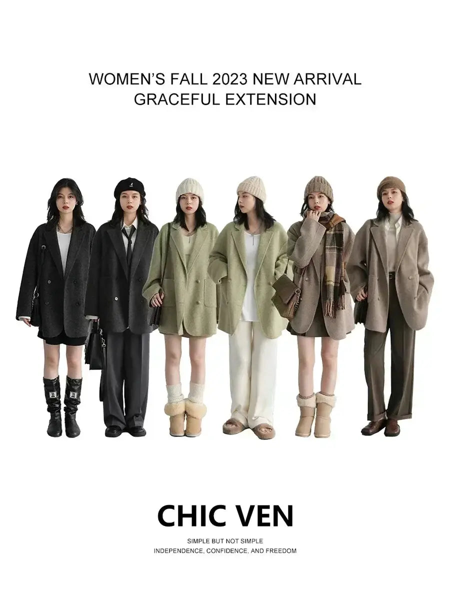 Chic Ven Womens Woolen Coat Loose Casual Fit Retro Double Breasted Outerwear For Autumn And Winter
