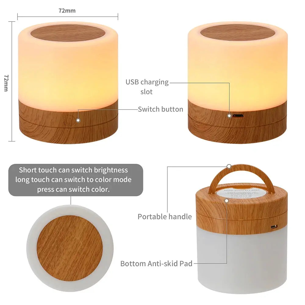 RGB night lamp camping light with color changing, touch control, USB charging; two bedside lamps with wooden bases
