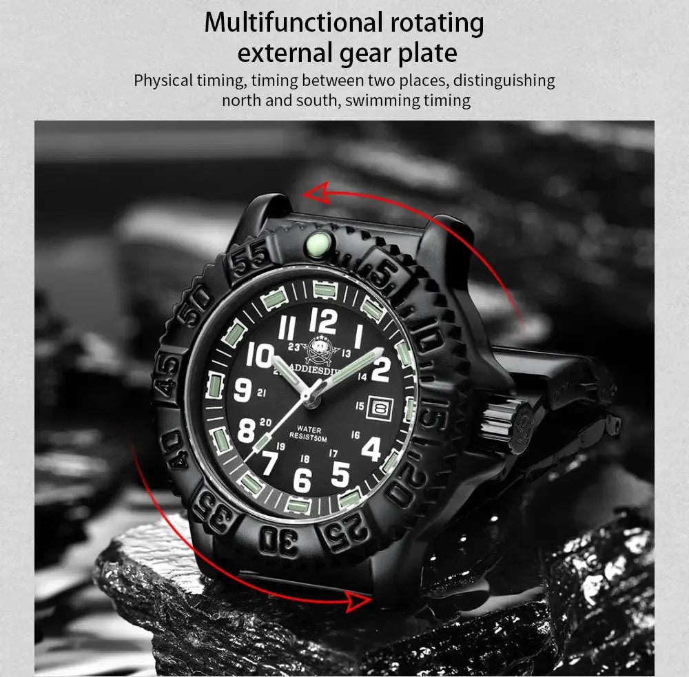 ADDIESDIVE luxury men's quartz watch with black stainless steel strap, luminous green markers, 50m water resistant