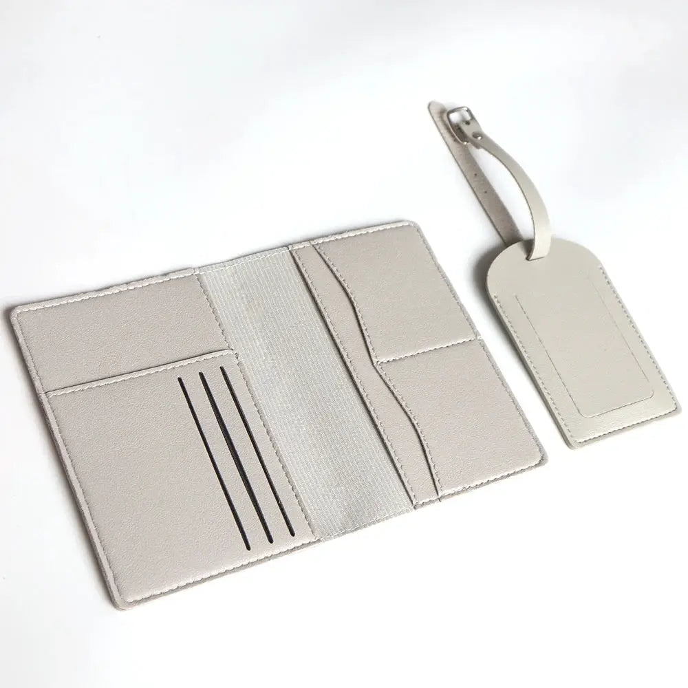 Custom name travel passport cover set in beige faux leather with luggage tag, card slots visible.