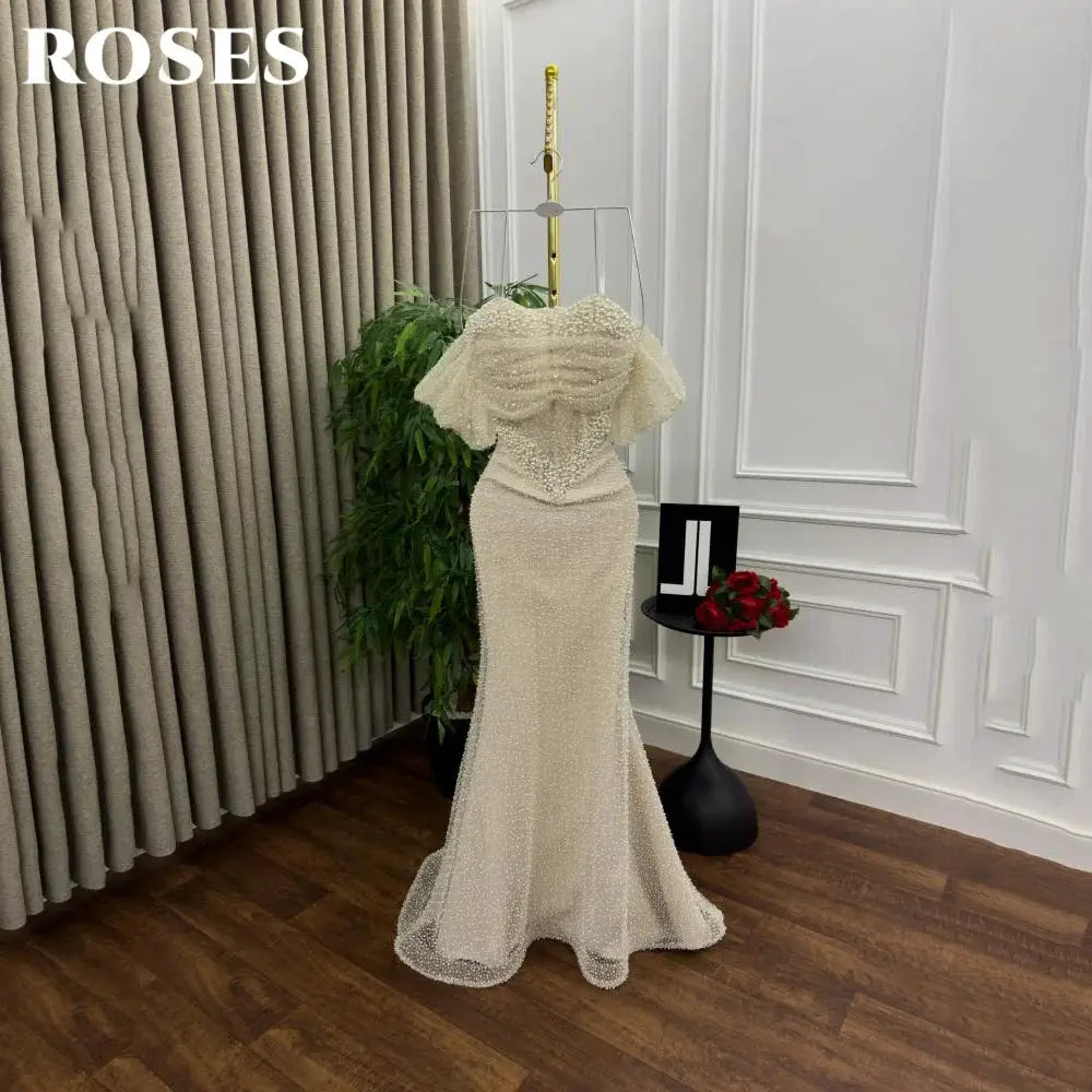 Roses Pearl Prom Dress Sweetheart Off Shoulder Gown With Sequins