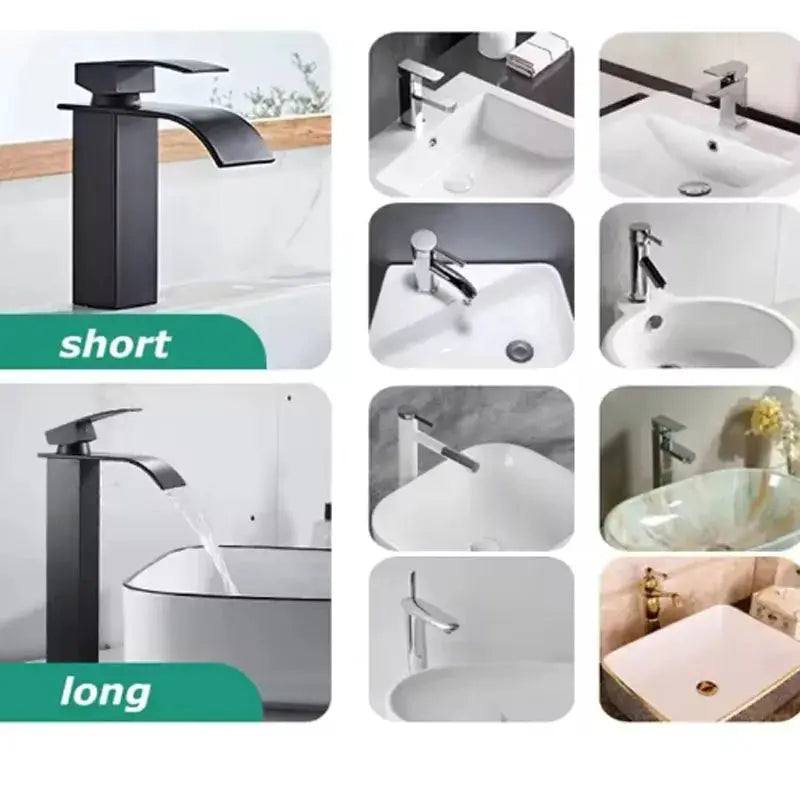 Waterfall wash basin faucet set, black stainless steel by Simples Market; multiple designs shown.