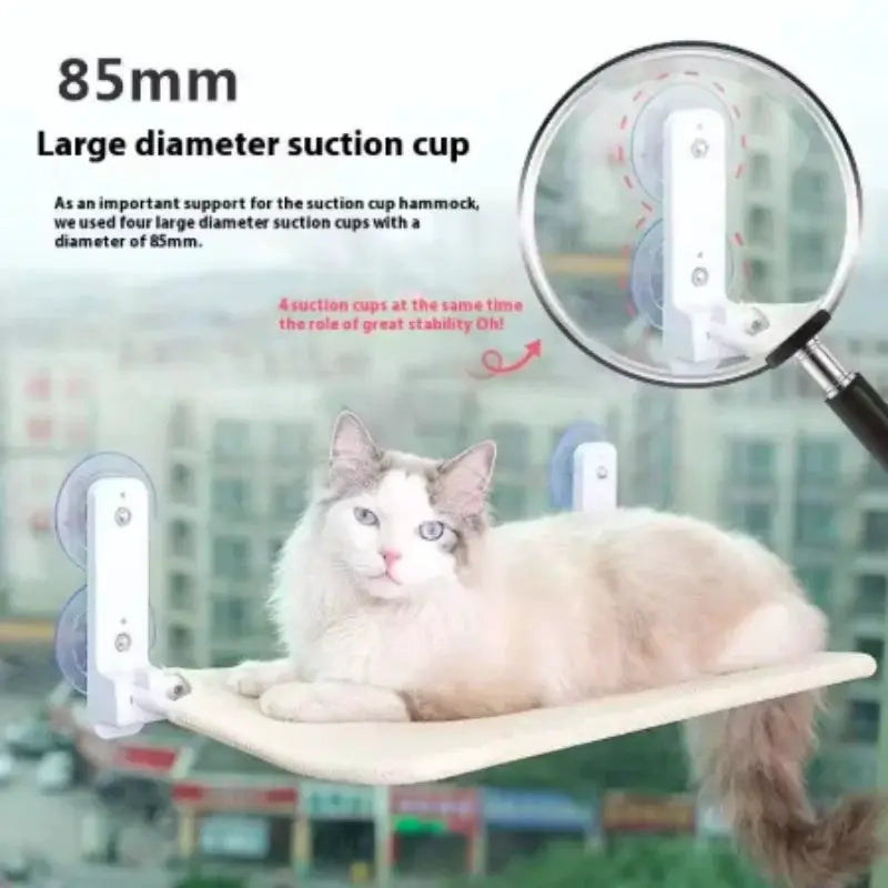 Cat hammock hanging bed with four suction cups, white frame and beige sleeping surface, window mount