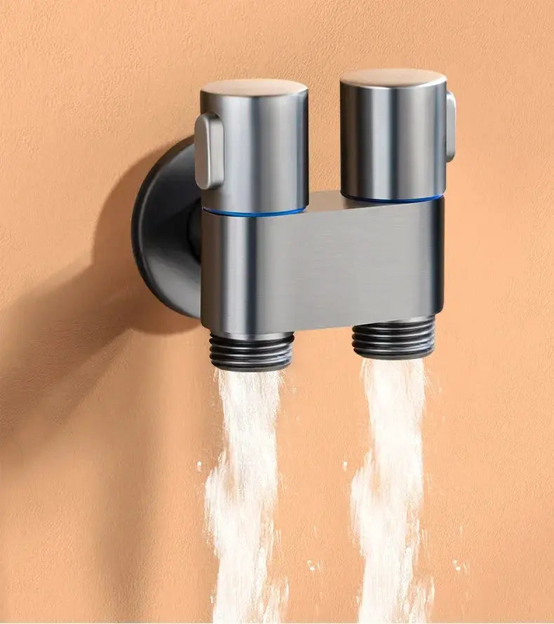 Zinc alloy angle valve bidet sprayer set, wall-mounted with dual outlets and brushed metal finish