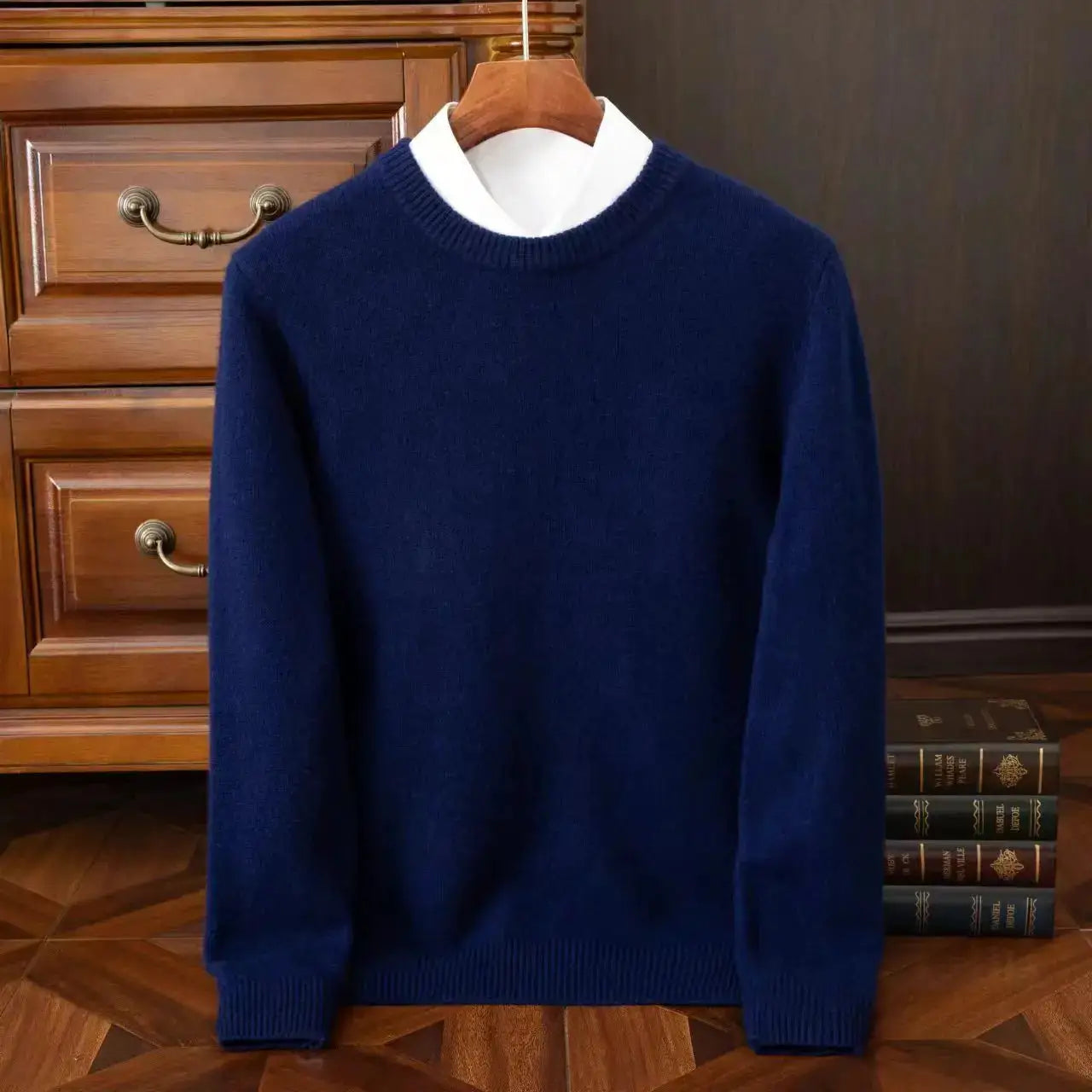 Men's navy blue cashmere crewneck sweater, oversized knit on a hanger