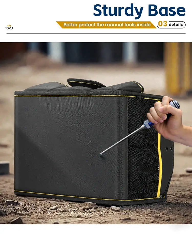 WINHUNT Tote Bag by Simples Market, black 10-pocket wide-mouth electrician bag with yellow trim and mesh side pocket