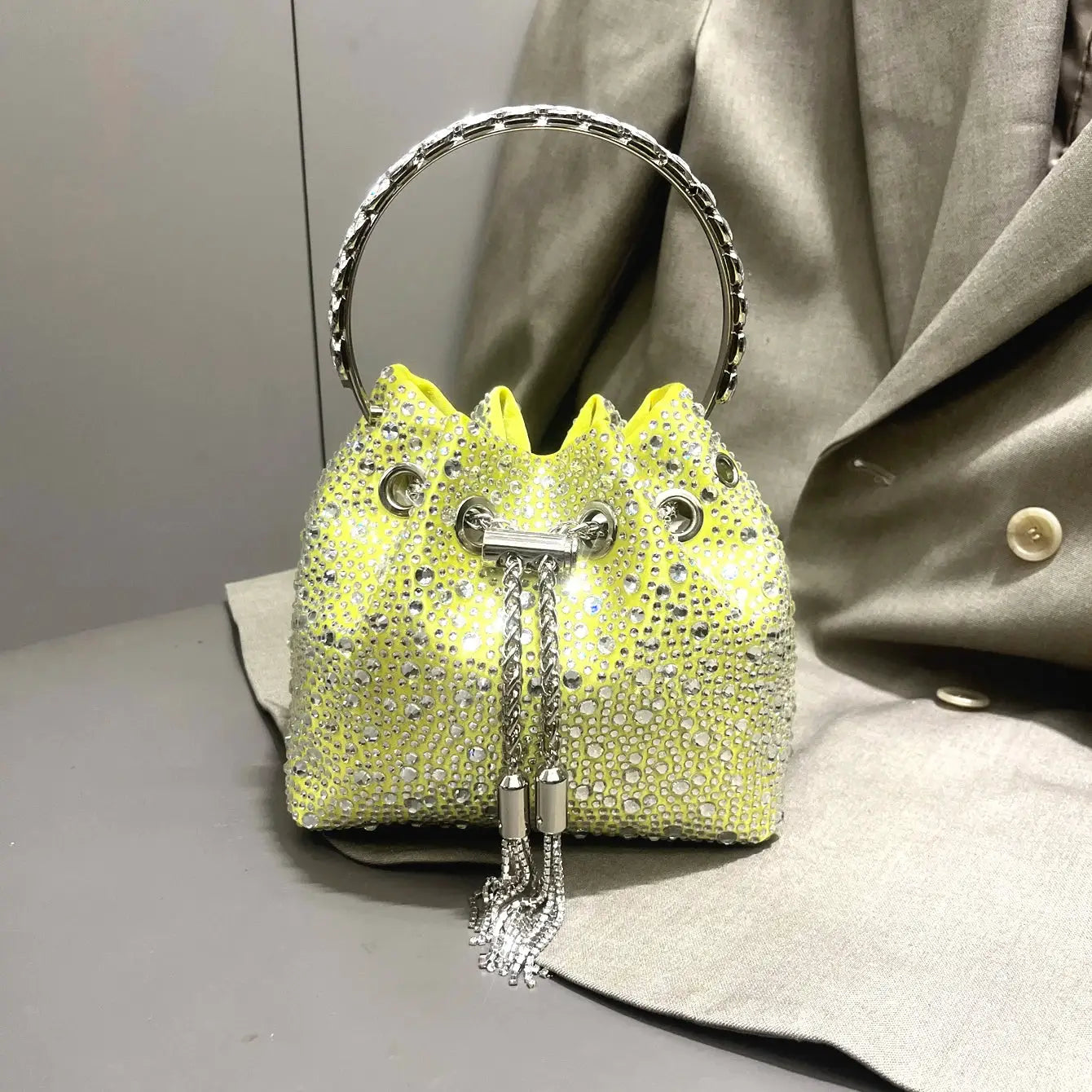 Rhinestone evening clutch neon yellow crystal bucket bag with a metal ring handle