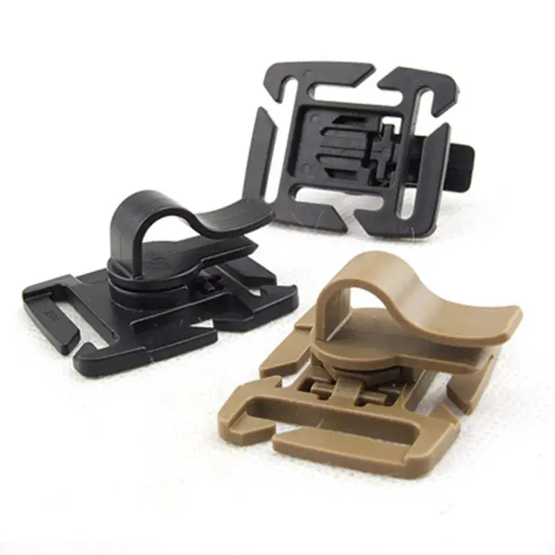 2-pack rotatable drinking-tube clips for MOLLE hydration packs; black and tan plastic clips for CamelBak bags