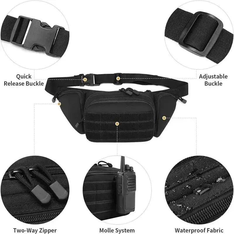 Simples Market tactical waist pack fanny bag, black nylon with MOLLE system, adjustable belt, waterproof fabric