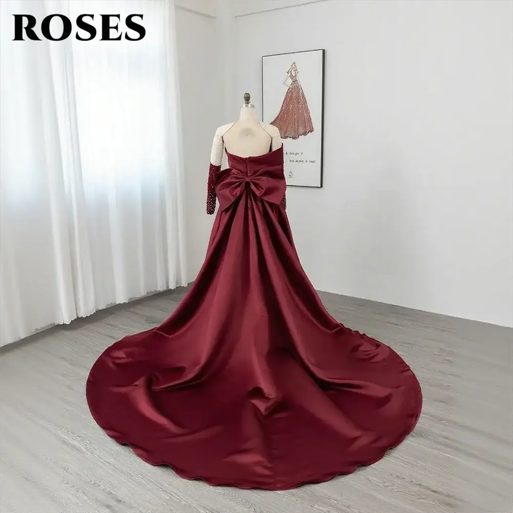 Roses Burgundy Mermaid Prom Dress One Shoulder Beading Bow Sleeve