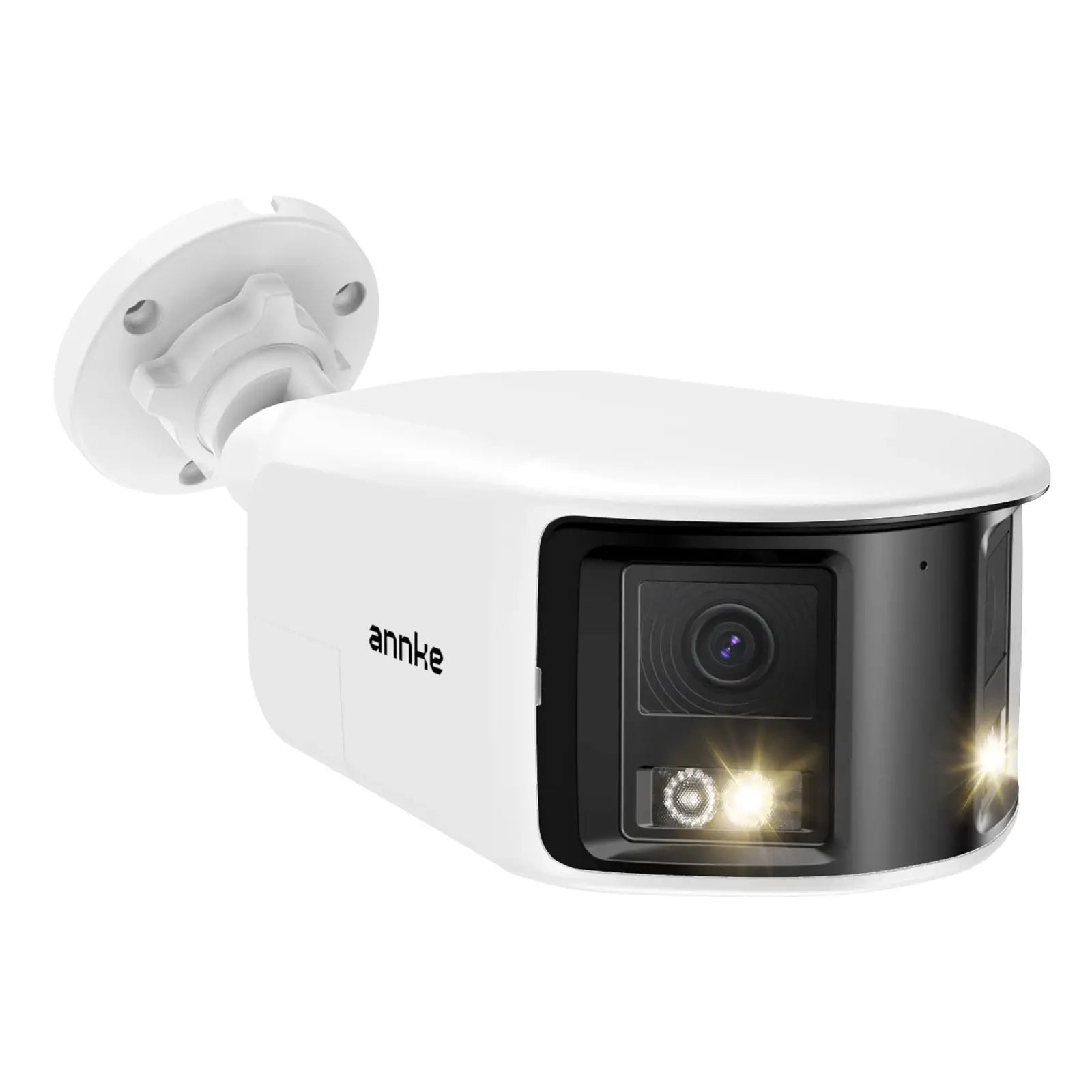 ANNKE outdoor 4K dual-lens surveillance camera in white with black front panel and mounting base