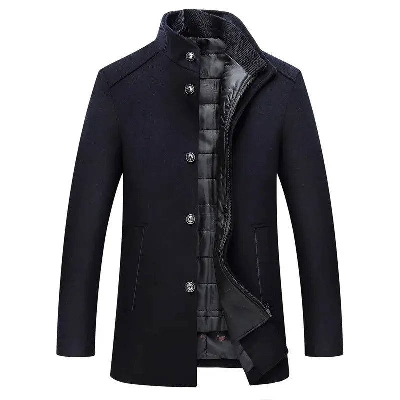 Men's navy wool trench coat by Simples Market with quilted lining and button front
