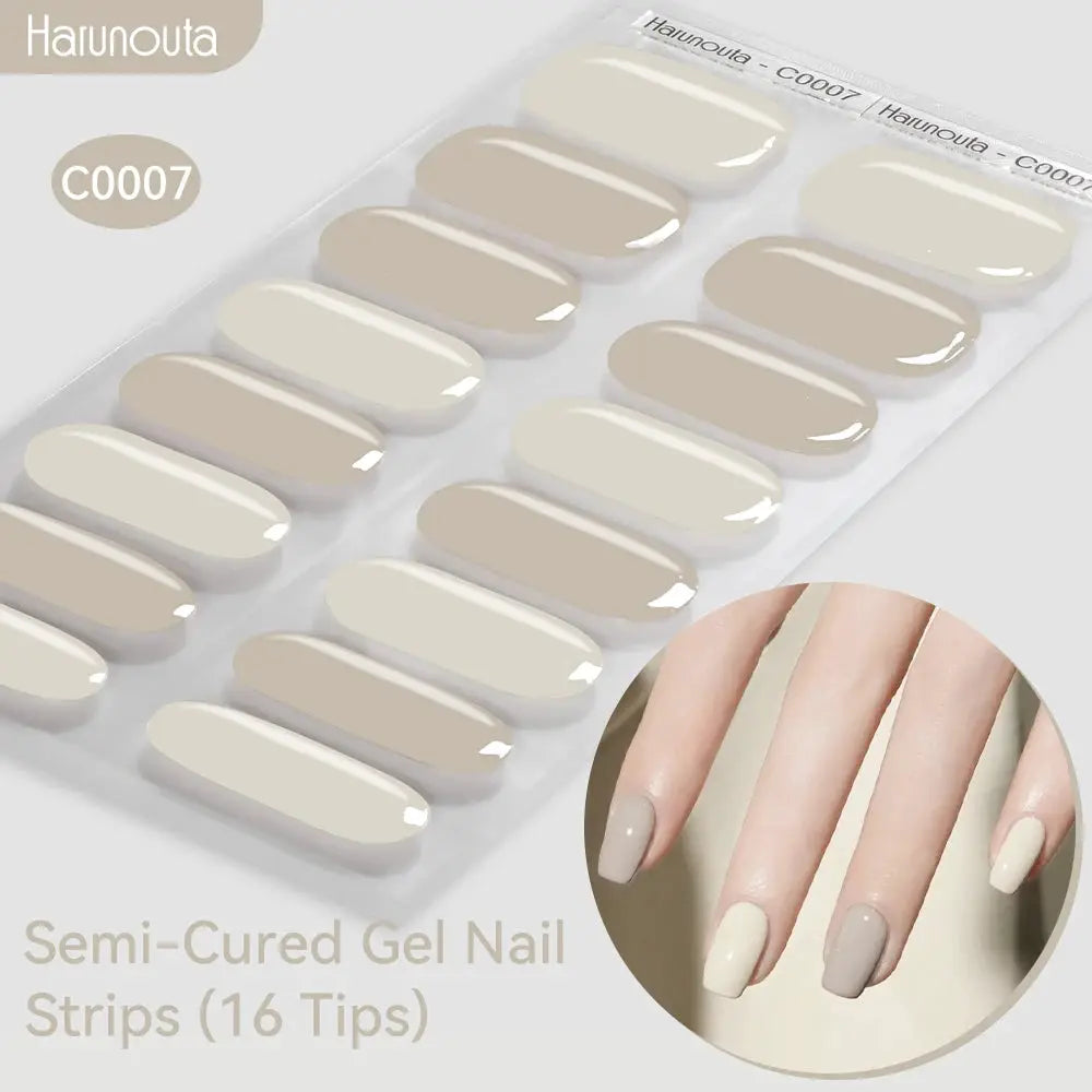 Semi-Cured Gel Nail Strips in gradient nude beige tones, 16 tips for UV/LED nail lamps