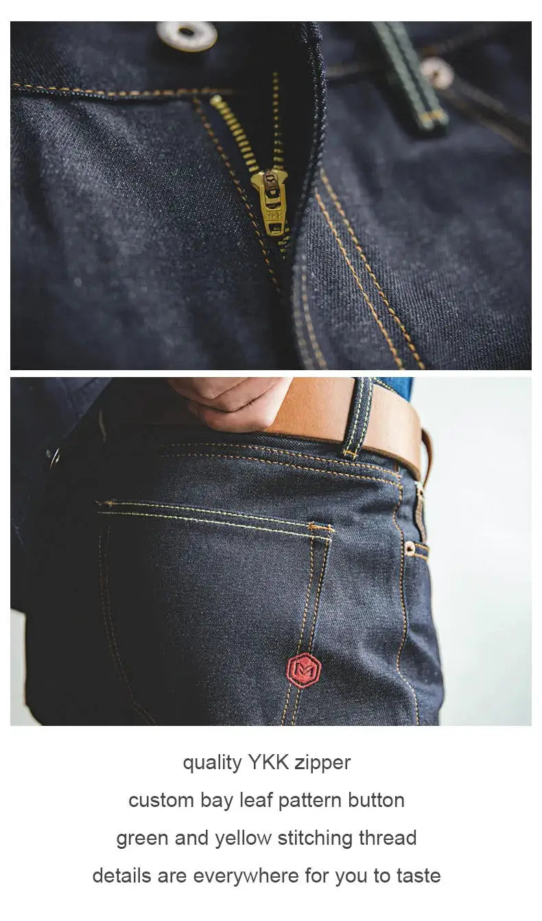 Simples Market Maden retro raw denim jeans with YKK zipper, dark indigo, back pocket logo