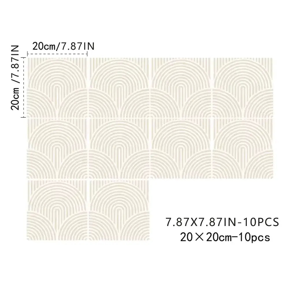10pc abstract matte wall tile decals by Simples Market; beige arc pattern, self-adhesive vinyl backsplash tiles, 20×20 cm