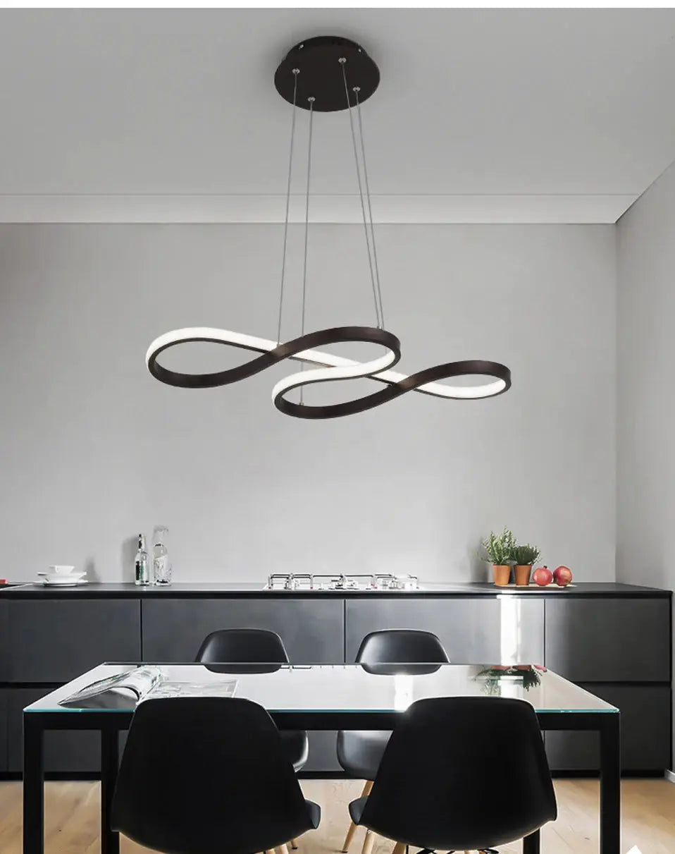 Modern kitchen island pendant light with black curved LED loops