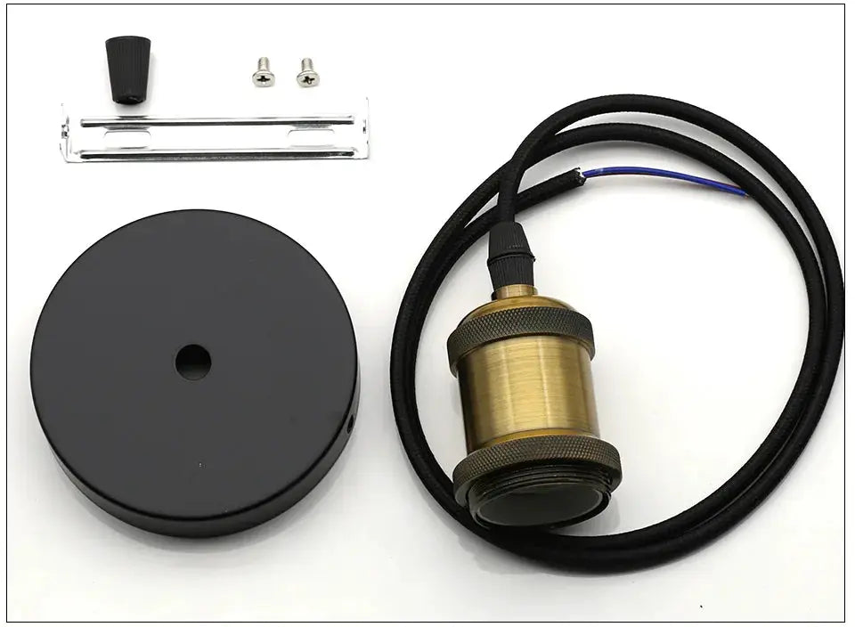 Aluminum pendant light kit with brass holder, black canopy, and mounting hardware