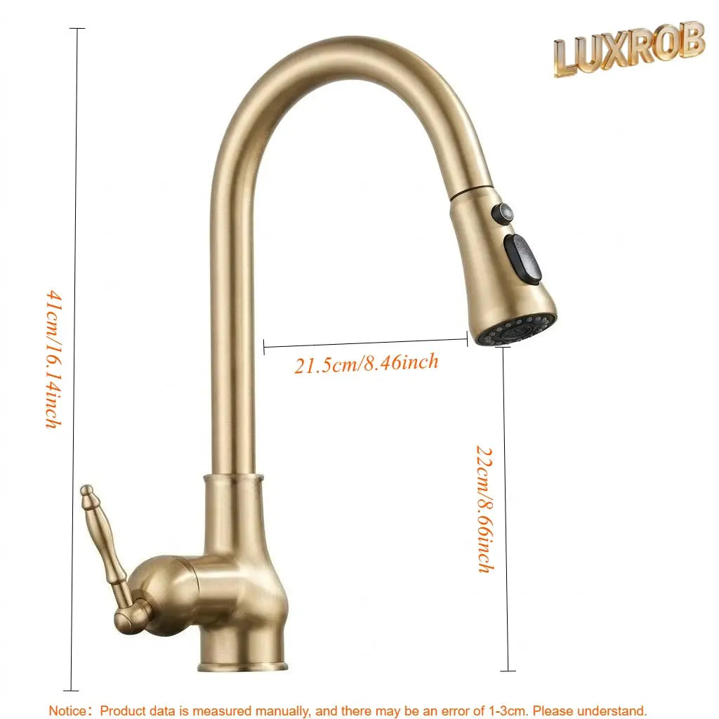 Antique bronze kitchen faucet with pull-out sprayer, 3-in-1 hot/cold, Luxrob logo