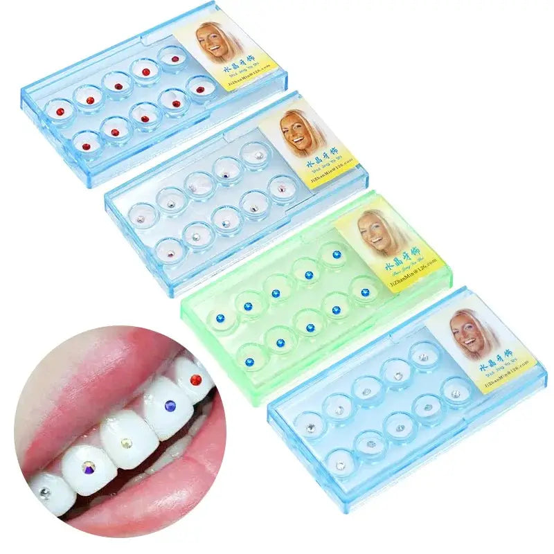 Dental tooth gem set, 10pcs crystal tooth jewels in blue and green trays from Simples Market