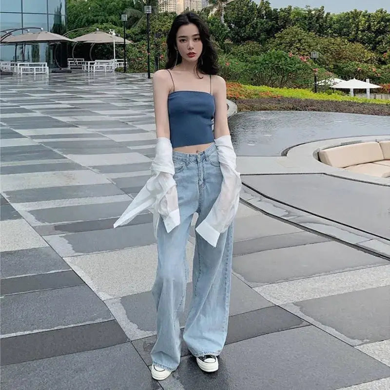 New Design Sense Womens Loose Denim Pants Retro Straight Leg Jeans