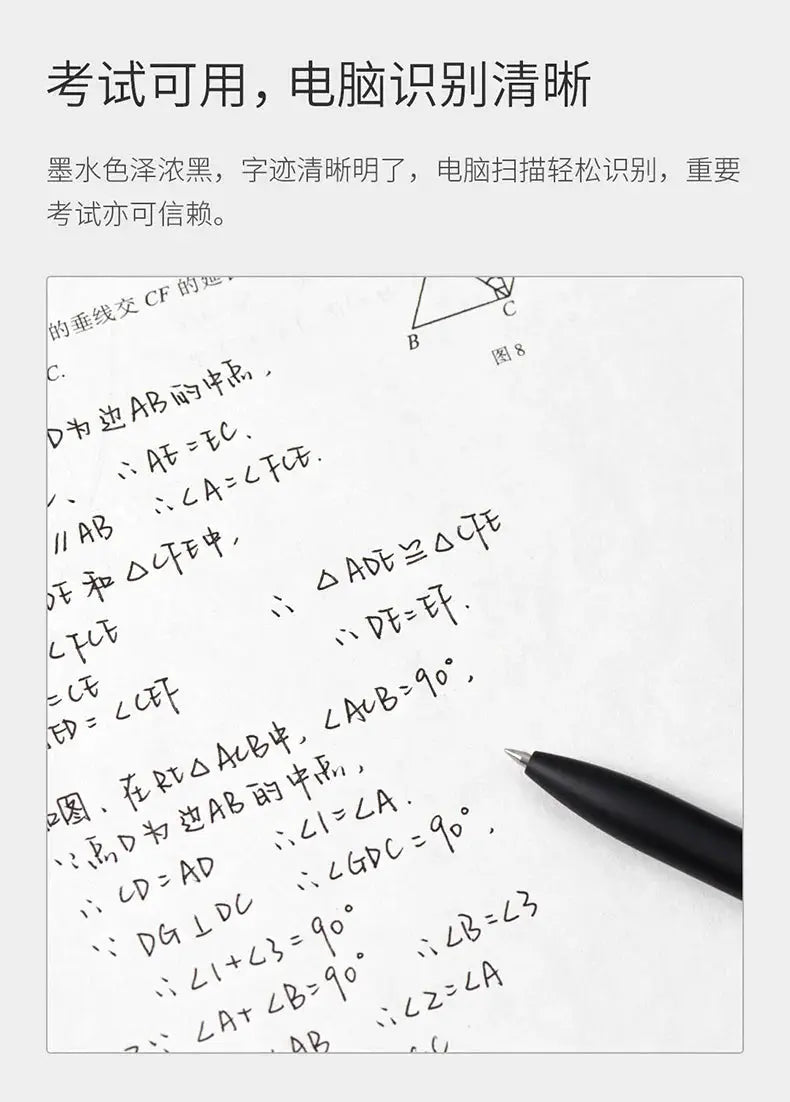 KACO 0.5mm MIDOT gel ink pen, black writing pen on handwritten exam-style paper.