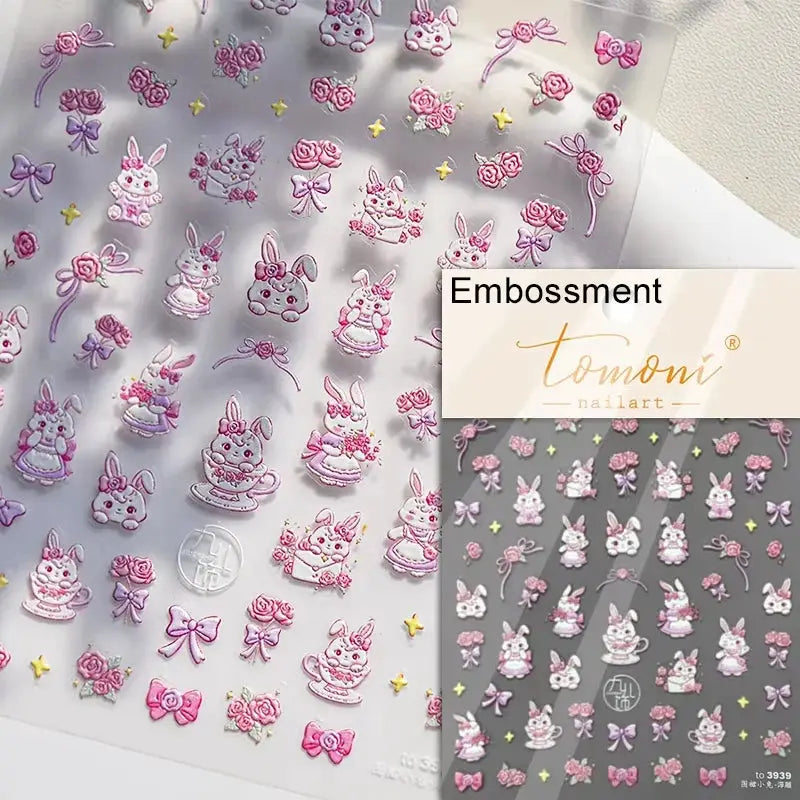 Nail art stickers: pink translucent jelly texture, 5D embossed reliefs with cute bunnies, roses and bows Tomoni nailart.