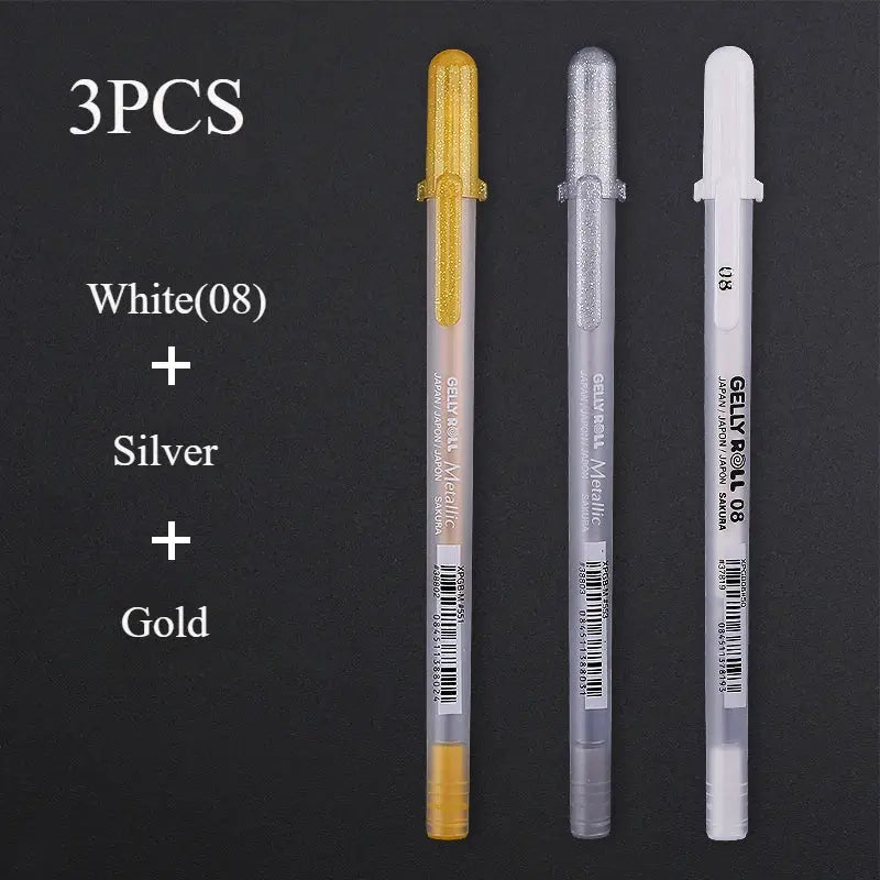 3-pack Sakura Gelly Roll gel pens in gold, silver, and white glitter finishes by Simples Market